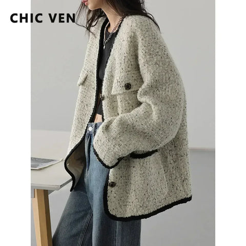 CHIC VEN Women's Woolen Coat Heavy Industry Down Jacket Vintage V-Neck Woman Down Coat Female Tops Autumn Winter 2024