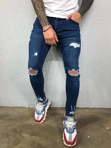 Biker Jeans Men's Distressed Stretch Ripped Biker Jeans Men Hip Hop Slim Fit Holes Punk Jeans Zipper Pure Color Denim Pants