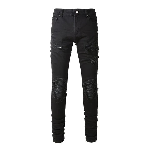 Men Leather Patch Biker Jeans for Motorcycle Streetwear Holes Ripped Patchwork Stretch Denim Pants Black Skinny Tapered Trousers