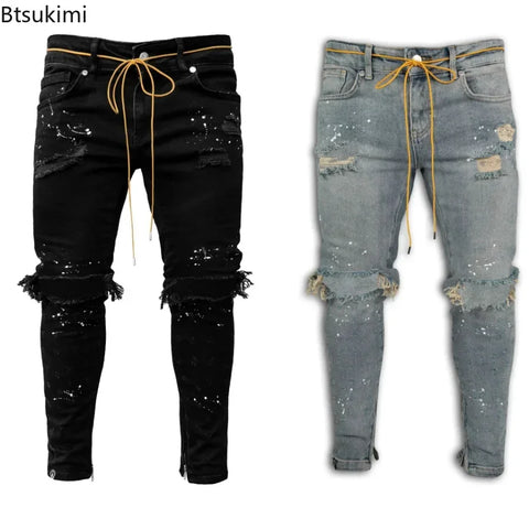 New 2025 Ripped Hole Jeans for Men Hip Hop Cargo Pant Distressed Denim Jeans Skinny Men Clothing Full Length Slim Trousers Male