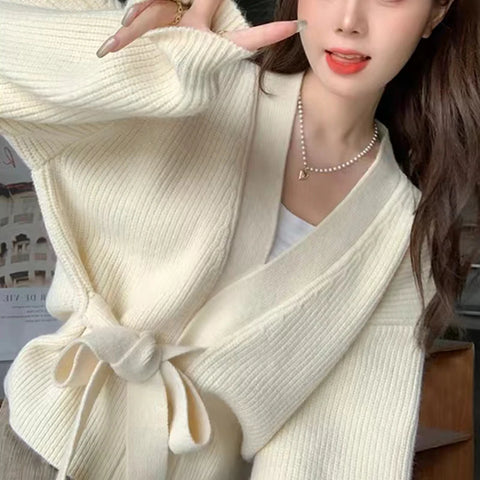 Autumn and Winter Women Solid Loose Knitwear Coat Casual Long Sleeve Lace Up Knitted Cardigan Elegant Top Sweater