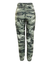 Camouflage Print Drawstring Pocket Design Cargo Pants Women Mid Waist Cargo Slim Pencil Pants