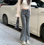 Vintage High Waist Flare Jeans Women Gray High Street Slim Boot Cut Denim Pants Stretchable Long Flared Denim Trousers Casual