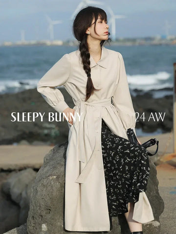 Retro Style Lantern Sleeve Trench Coat Women Fall Loose Fit Mid-Length Casual Elegant Overcoat Belted Stylish Outerwear 2025