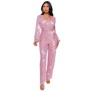 Spring And Summer Women's Clothing New Design Sense Deep V Fashion Casual Onesie Long Sleeve Belt Sequined Jumpsuit Temperament