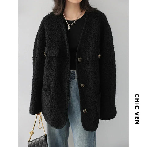 CHIC VEN Fashion Women's Wool Coat Single Breasted Vintage Jacket V-Neck Office Lady Overcoat Female Tops Spring Autumn 2023