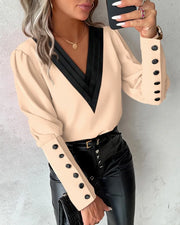 Elegant Women's Shirt Autumn 2025 New Fashion V-neck Pullover Solid Color Contrasting Loose Long Sleeved Button Women's Shirt