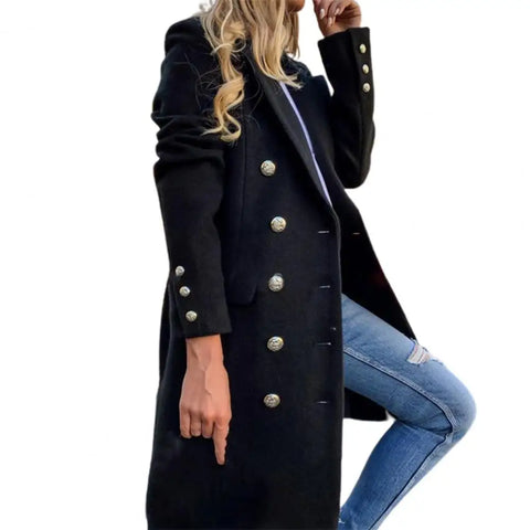 Women Wool Coat Autumn Winter Long Sleeve Pure Color Turn-Down Collar Double-breasted Women Overcoat Women Greatcoat Outerwear