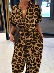 Women's Spring Summer New Fashionable Leopard Pattern Jumpsuit Retro Women's Short Sleeve Button Casual Pants Loose Large Size