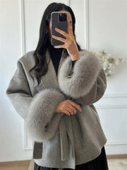 Tossy Fox Fur Wool Overcoat Women's Short Coat Office Lady Elegant Double-sided Woolen Coat 2025 New Cardigan Jackets Loose