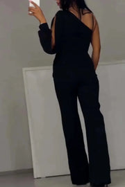 Women One Shoulder Sleeve High Split Overall Pants Jumpsuit High Waist Solid Color Full Length Pants