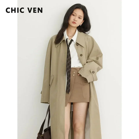 CHIC VEN Women's Long Trench Coat Casual Outerwear Loose Ladies Overcoat Single Breasted Female Windbreaker Spring Autumn 2023