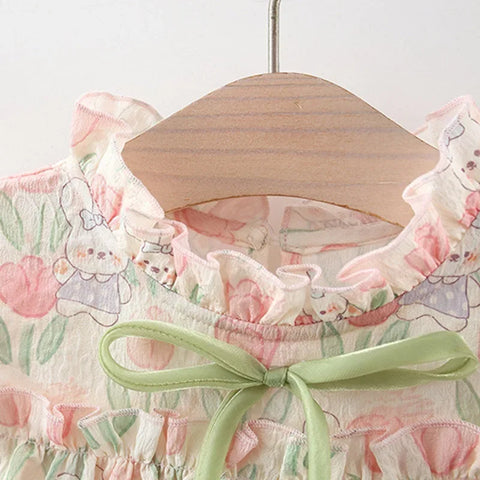 Summer Hardwear Girl Dress Tulip Cartoon Rabbit Print Small Flying Sleeves Flower Neck Bow Ribbon Tulip Flower Pattern