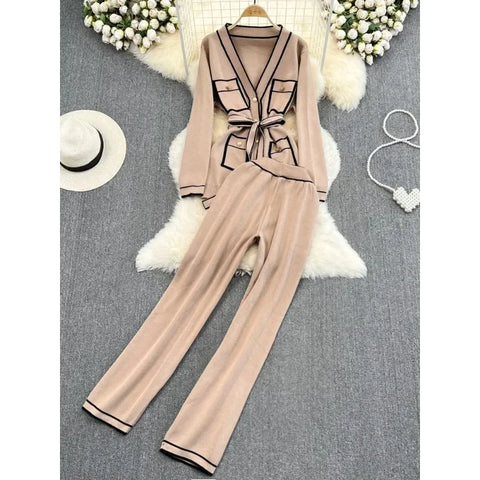 Fashion Women's Suits Autumn Long-Sleeve Lace-Up Waist V-Neck Knitted Cardigan Coat+ Wide-Leg Pants Knit Two Piec Set N242