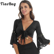 TiaoBug Women Lace Patchwork Three Quarter Flare Sleeve Bead Tassel Lace-Up Shawl Crop Tops Cardigan Indian Belly Dance Costume