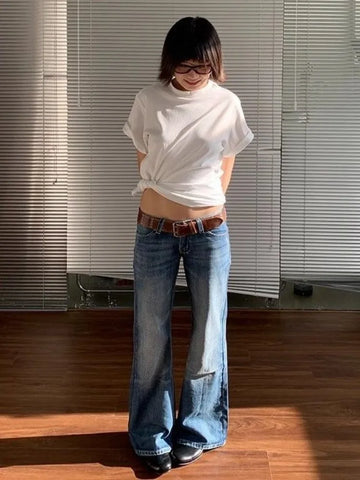 Deeptown American Retro High Street Spicy Girls Low Waist Jeans Women Vintage Y2k Harajuku Baggy Solid Slim Denim Flared Pants