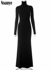 Nsauye Maxi Bodycon Dress Women Long Sleeve Outfits Elegant Fashion Sexy Party Evening Club Wrap Black Winter Dress Turtleneck