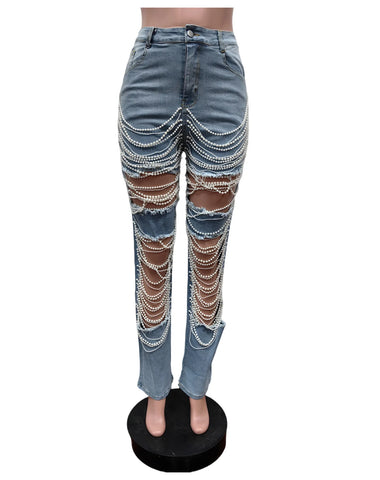 New stretch fashion ripped pearl chain decorated jeans