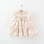 Summer Hardwear Girl Dress Tulip Cartoon Rabbit Print Small Flying Sleeves Flower Neck Bow Ribbon Tulip Flower Pattern