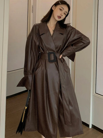 Lautaro-Long Brown Faux Leather Trench Coat for Women, Belt Runway, Stylish Loose, European Style, Autumn Fashion, 2024