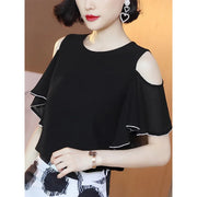 Fashion Off Shoulder O-Neck Spliced Ruffles Oversized Loose Hollow Out Chiffon Shirt Summer Casual Tops Commute Women's Blouse