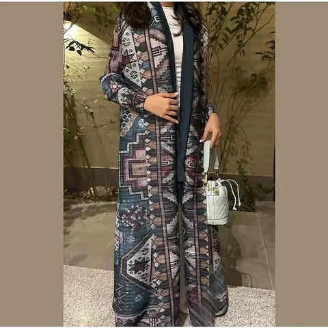 GGHK Pleated 2024 Spring and Autumn New Women Large Size Trench Dress Retro Printed Cardigan Design Female Luxury Abaya