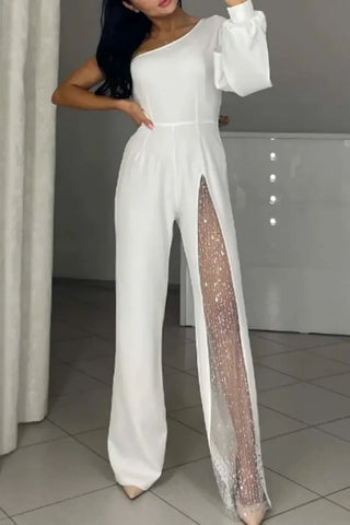 Women One Shoulder Sleeve High Split Overall Pants Jumpsuit High Waist Solid Color Full Length Pants