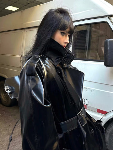 Lautaro Spring Autumn Extra Long Oversized Cool Reflective Shiny Black Patent Leather Trench Coat for Women Belt Runway Fashion