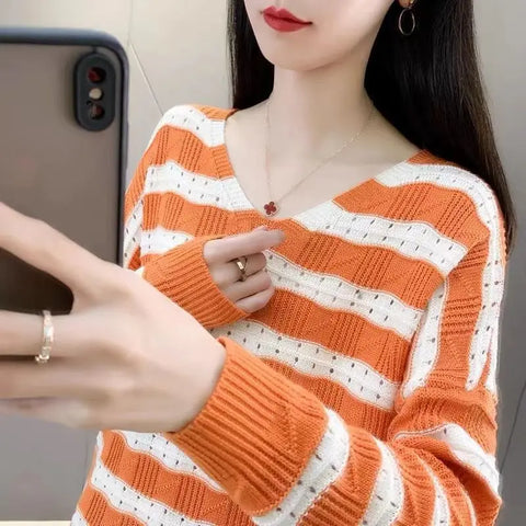 Fashion V-Neck Loose Hollow Out Striped Blouse Women's Clothing 2023 Autumn Winter New Oversized Casual Pullovers Korean Shirt