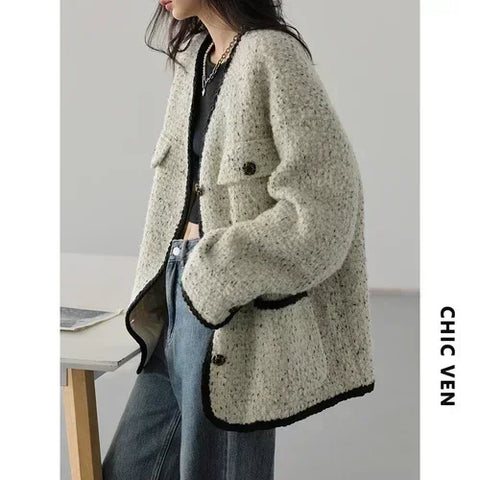 CHIC VEN Fashion Women's Wool Coat Single Breasted Vintage Jacket V-Neck Office Lady Overcoat Female Tops Spring Autumn 2023