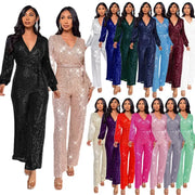 Spring And Summer Women's Clothing New Design Sense Deep V Fashion Casual Onesie Long Sleeve Belt Sequined Jumpsuit Temperament