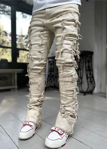 Men's Regular Fit Stacked Jeans Ripped Slim Fit Patch Distressed Destroyed Straight Denim Pants Hip Hop Streetwear Trouser Cloth