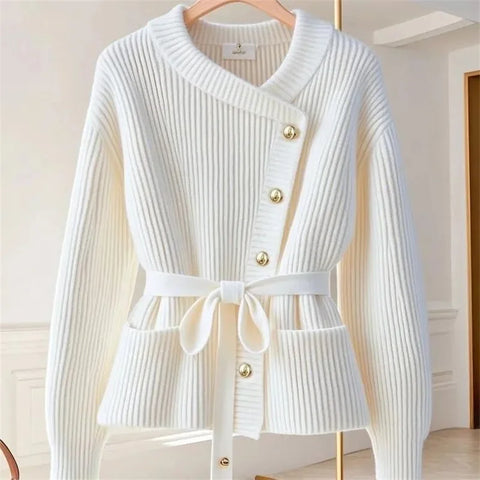 Red Fashion Knitted Cardigan Sweater Small Fragrant Women Spring Autumn Coat Top Temperament Belt Knitwear Femal 2025 NEW