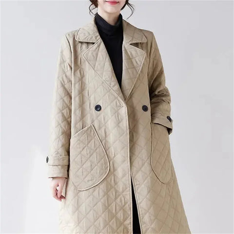 2025 Autumn Fashion Suit Collar Trench Coat Women's Double-Breasted Outwear Diamond Grid Lightweight Long Loose Coat Blazer Spri