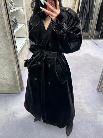 Lautaro Spring Autumn Extra Long Oversized Cool Reflective Shiny Black Patent Leather Trench Coat for Women Belt Runway Fashion