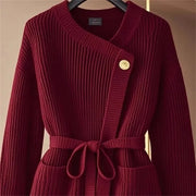 Red Fashion Knitted Cardigan Sweater Small Fragrant Women Spring Autumn Coat Top Temperament Belt Knitwear Femal 2025 NEW