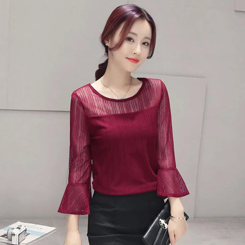 Elegant O-Neck Gauze Hollow Out Lace Flare Sleeve Blouse Women's Clothing 2023 Summer New Oversized Casual Pullovers Sweet Shirt