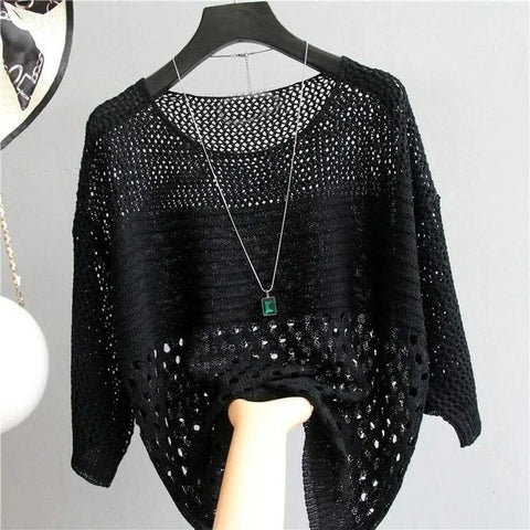 Mesh Oversize Sunscreen Loose New Knit Tee Women Korean Fashion T-shirt Hollowed Out Camisetas Summer Casual Batwing Sleeve Tops