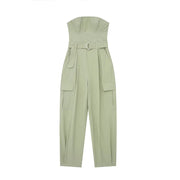 TRAF Spring New Women Fashion Y2K Jumpsuit Solid Green With Belt Sleeveless Green Cargo Pants Loose Chic Female Clothing Street