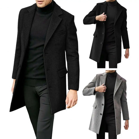 British Style Men Woolen Coat Flap Pockets Single-breasted Elegant Men Blazer Trench Coat Mid-length Long Winter Warm Overcoat