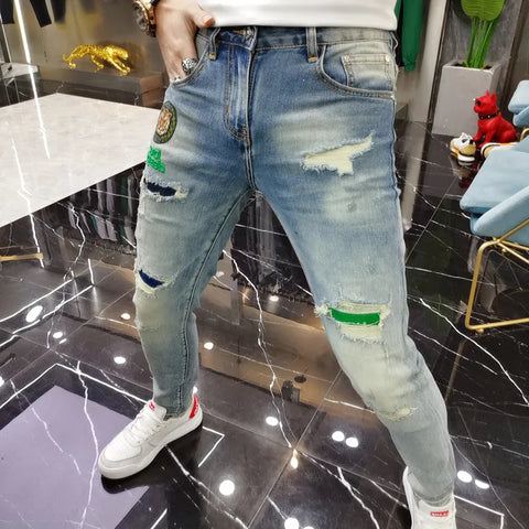 New Mens Ripped Splice Jeans Embroidery Skinny Pants High Quality Slim Vintage Blue Hip Hop Jeans Streetwear Mans Denim Trousers