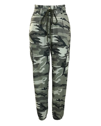 Camouflage Print Drawstring Pocket Design Cargo Pants Women Mid Waist Cargo Slim Pencil Pants